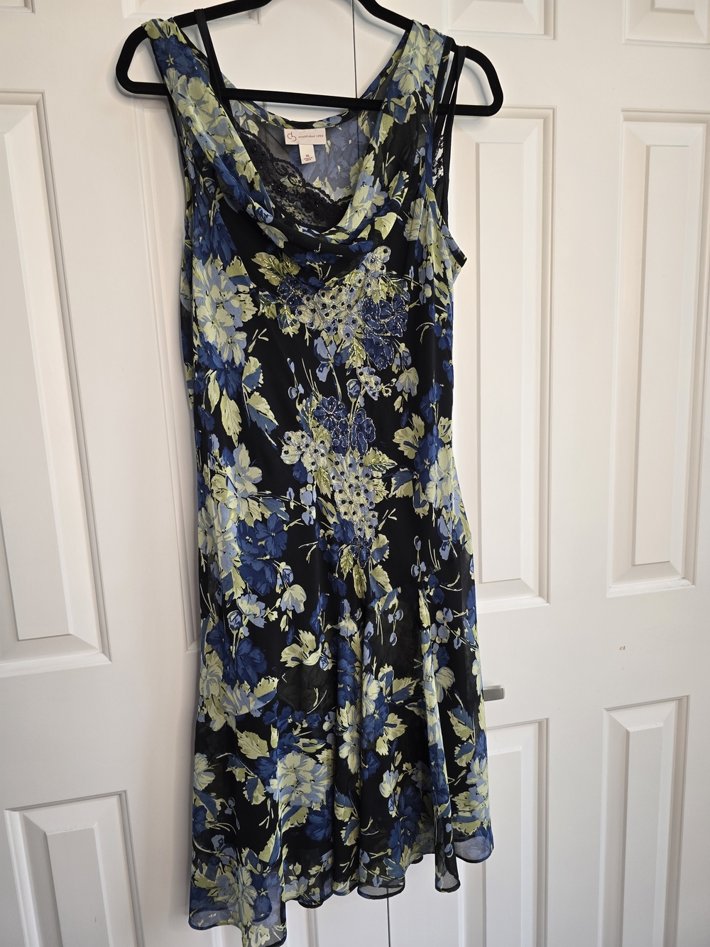 Floral Cowl Neck Sleeveless Dress in Black, Blue & Light Green